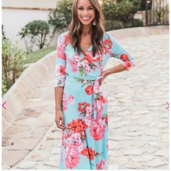Pink Lily Womens Floral Wrap Maxi Dress With 3/4 Sleeves & Tie Waist - Picture 3 of 8